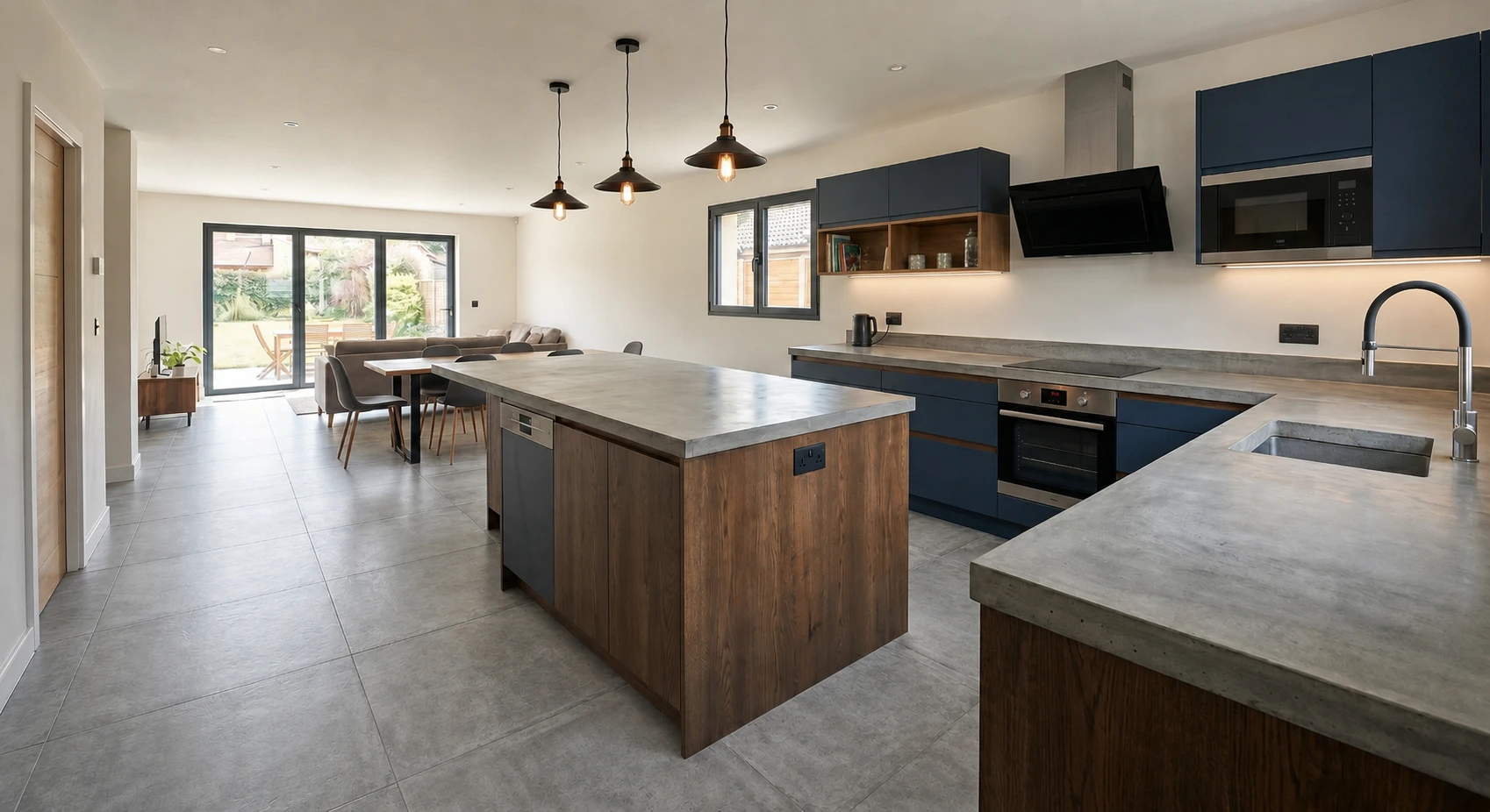 Après rénovation — cuisine ouverte moderne avec îlot central à Boulogne-Billancourt